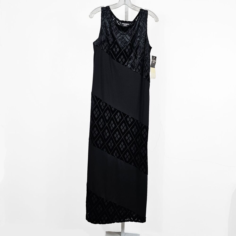 Saint Tropez West Size 8 Black Solid and Velvet Burnout Shift Maxi Dress Vintage
